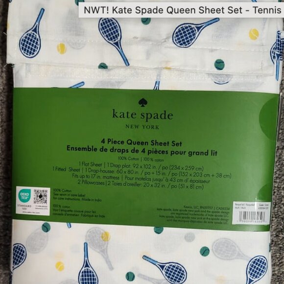 Kate Spade Queen Size Cotton RACQUETBALL TENNIS PICKLEBALL Sheet Set - Picture 2 of 2